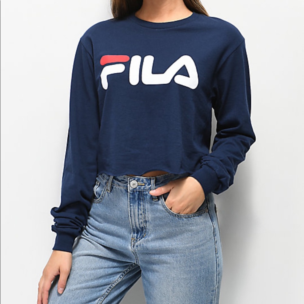 FILA Logo Navy Long Sleeve Crop T-Shirt